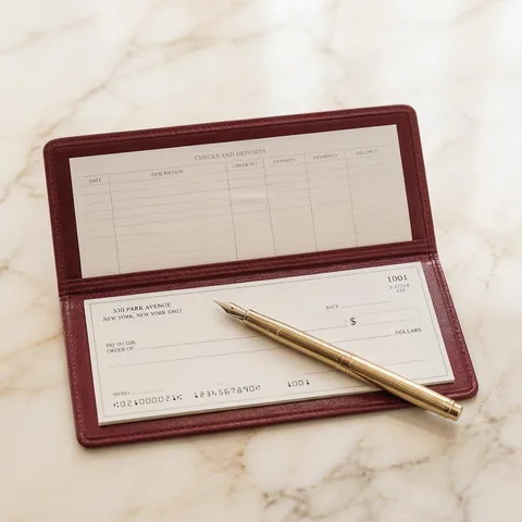 An open claret leather checkbook laying flat with a gold pen resting diagonally across it on a bright cream marble countertop