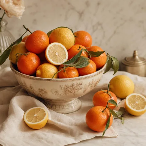 An overflowing vintage bowl of clementines and lemons on cream linen