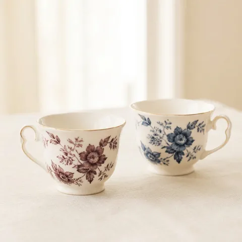 Two delicate teacups set together on a linen tablecloth