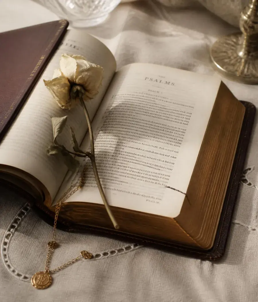 Open Bible beside a dried rose and a fine gold chain on a linen surface